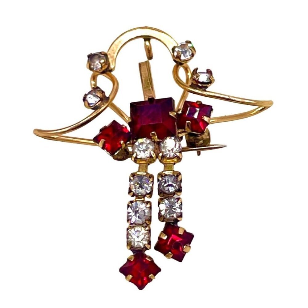 Star-Art 1/20 12k Gold Filled Openwork Clear Red Rhinestone Brooch Pin Events